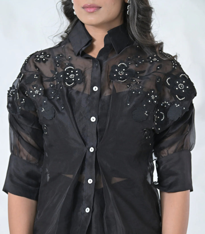 Black Floris Shirt With Pleated Skirt Set