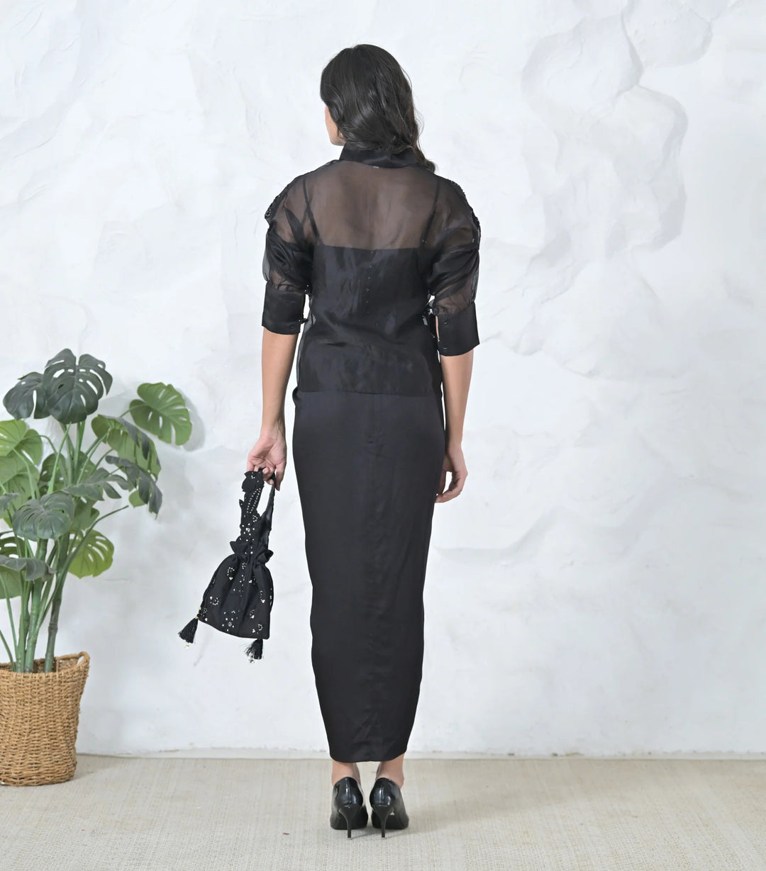 Black Floris Shirt With Pleated Skirt Set