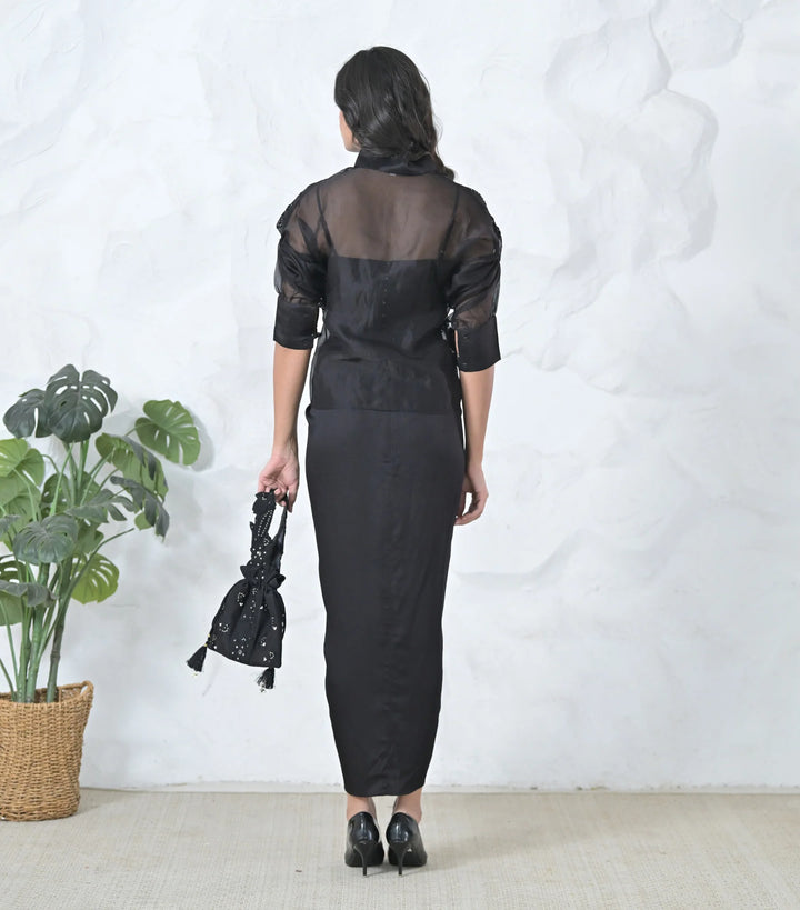 Black Floris Shirt With Pleated Skirt Set