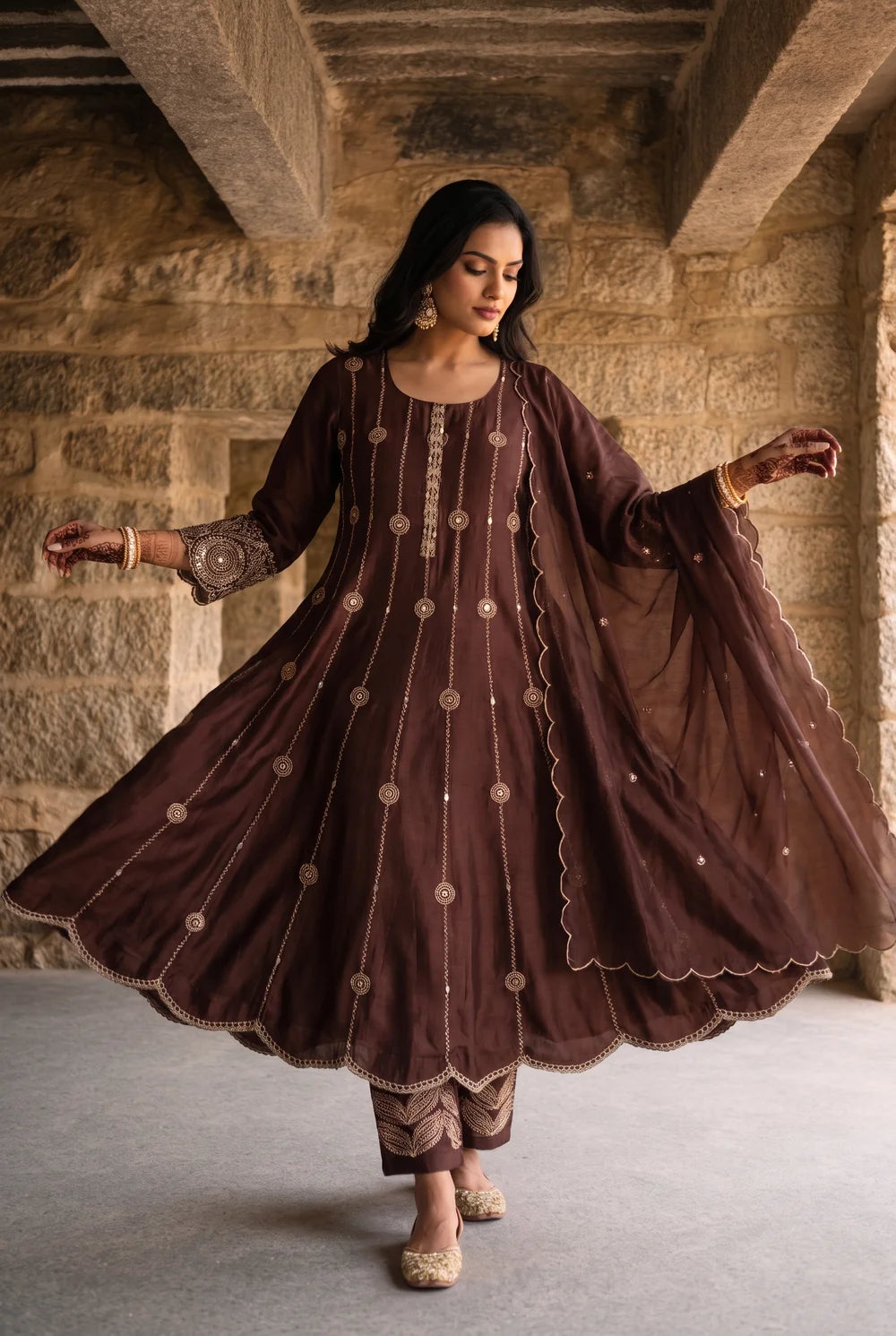 Deewani Silk Chanderi Anarkali Set in Coffee Brown