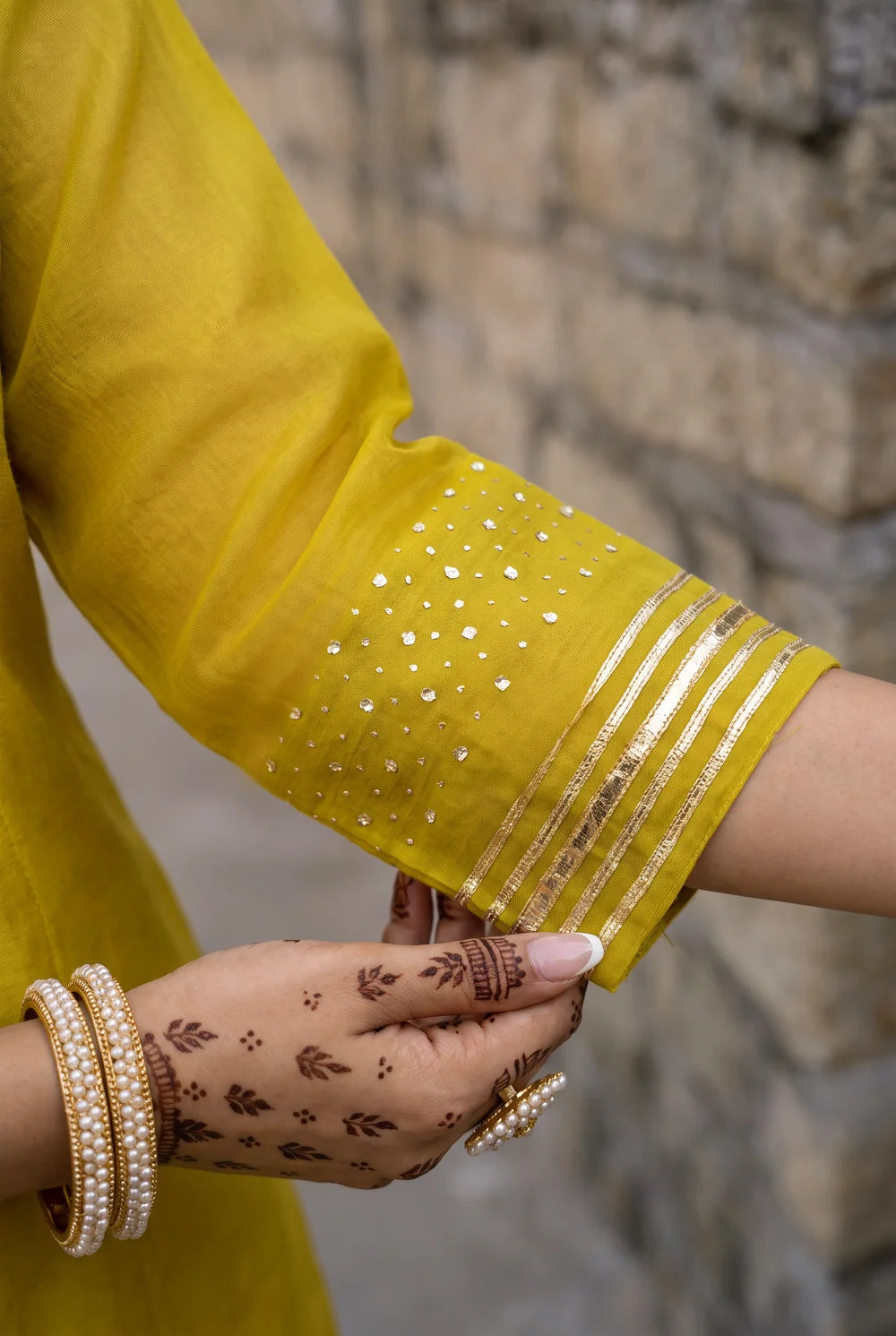 Raha Mul Chanderi Mukaish Anarkali Set in Lime Yellow