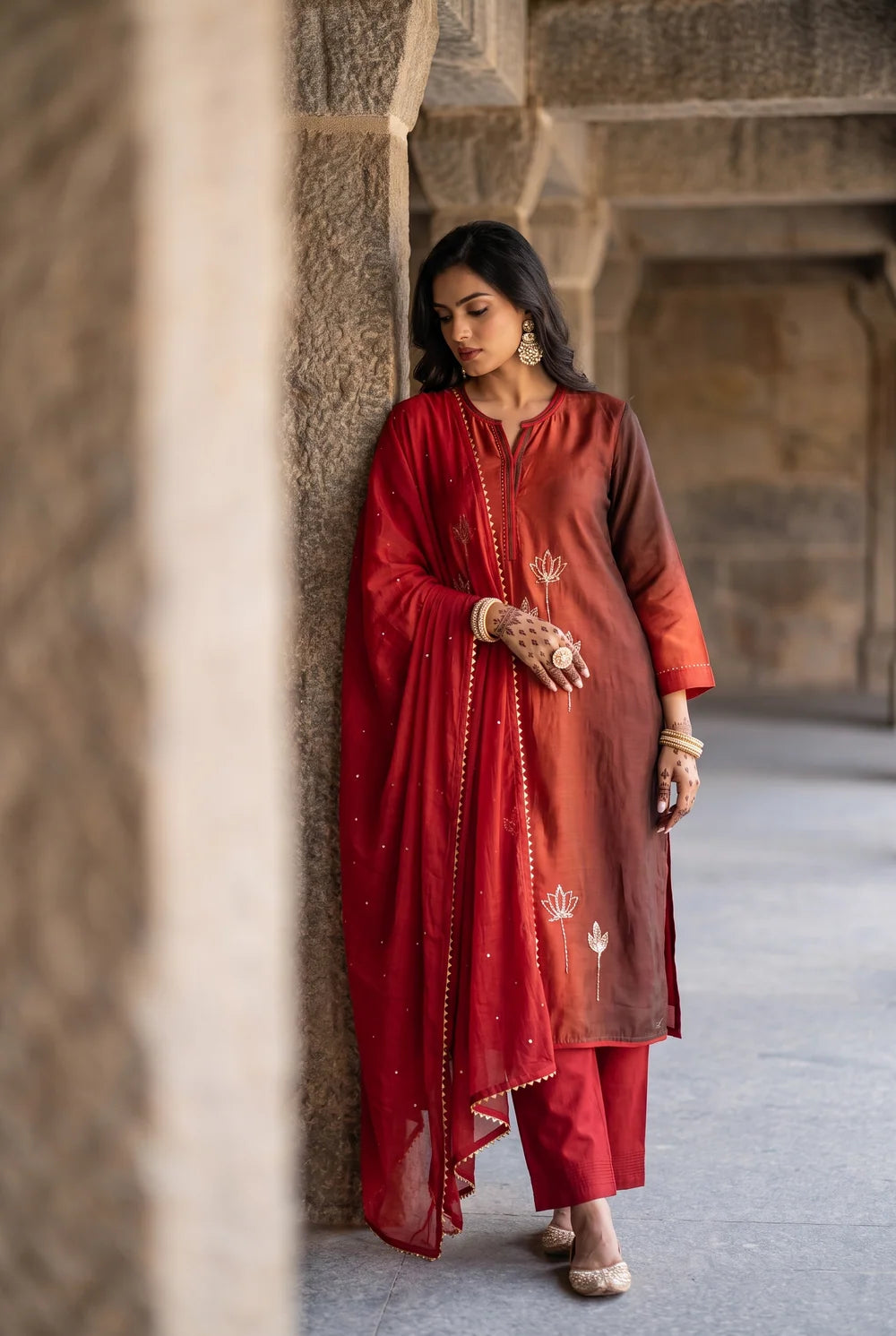 Shvi Silk Chadneri Shaded Kurta Set in Cola Red