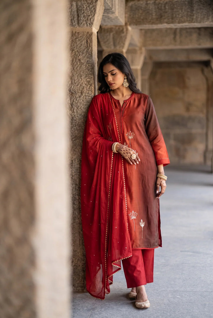 Shvi Silk Chadneri Shaded Kurta Set in Cola Red