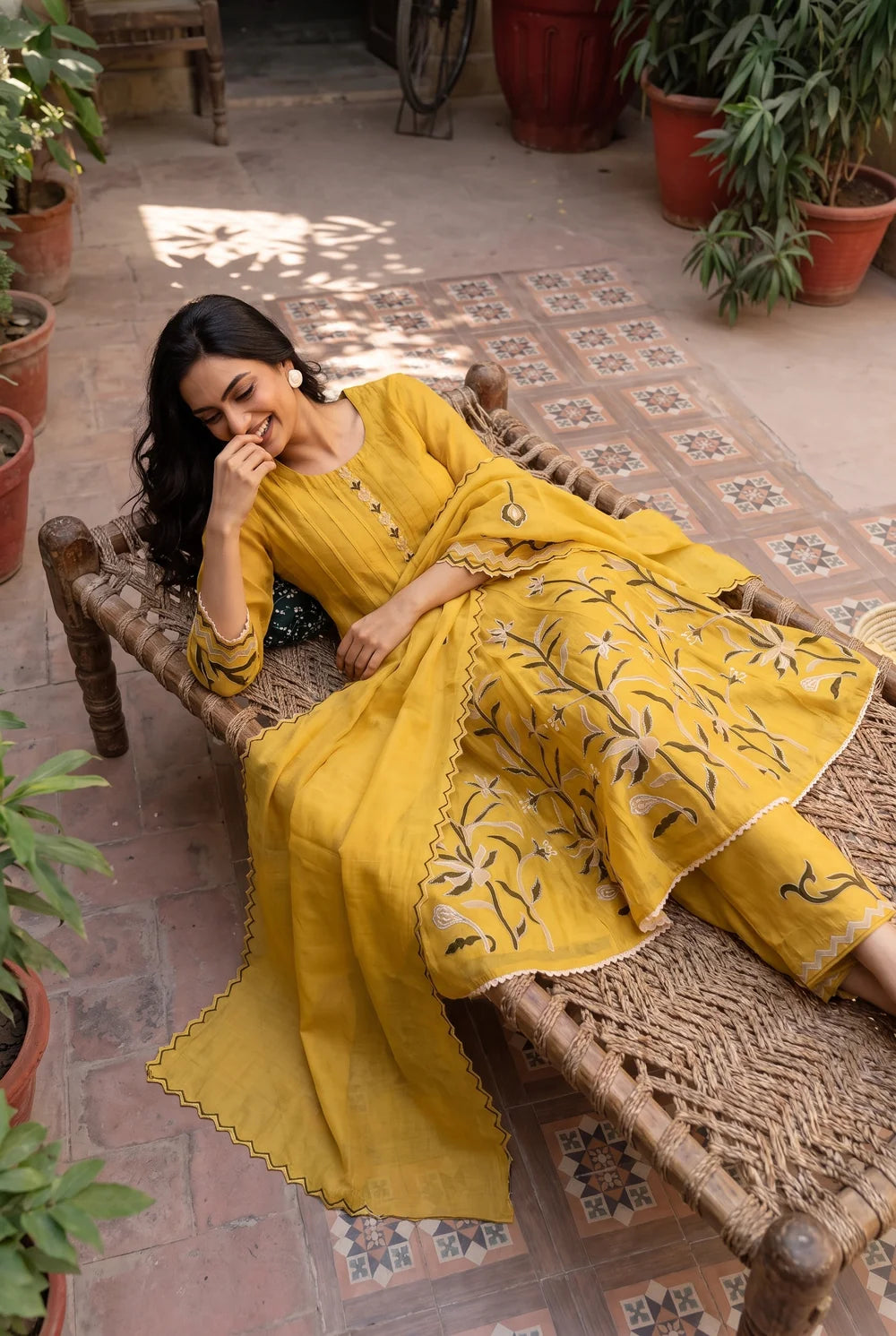Surkhi Mul Chanderi Anarkali Set in Maize Yellow