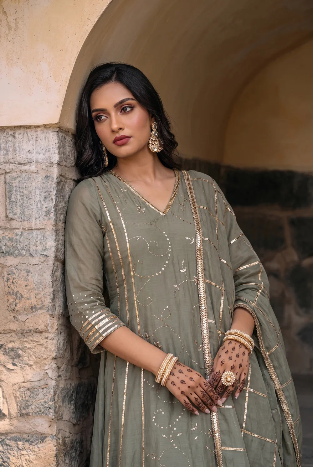 Raha Mul Chanderi Mukaish Anarkali Set in Moss Green