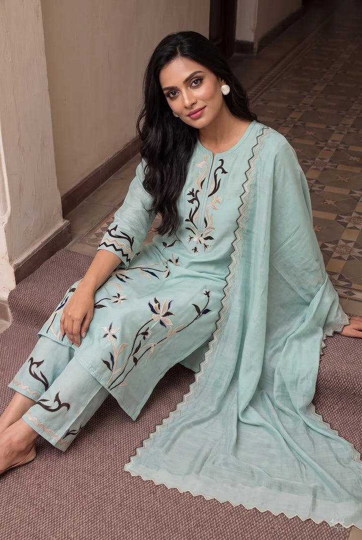 Surkhi Mul Chanderi Kurta Set in Blue Green