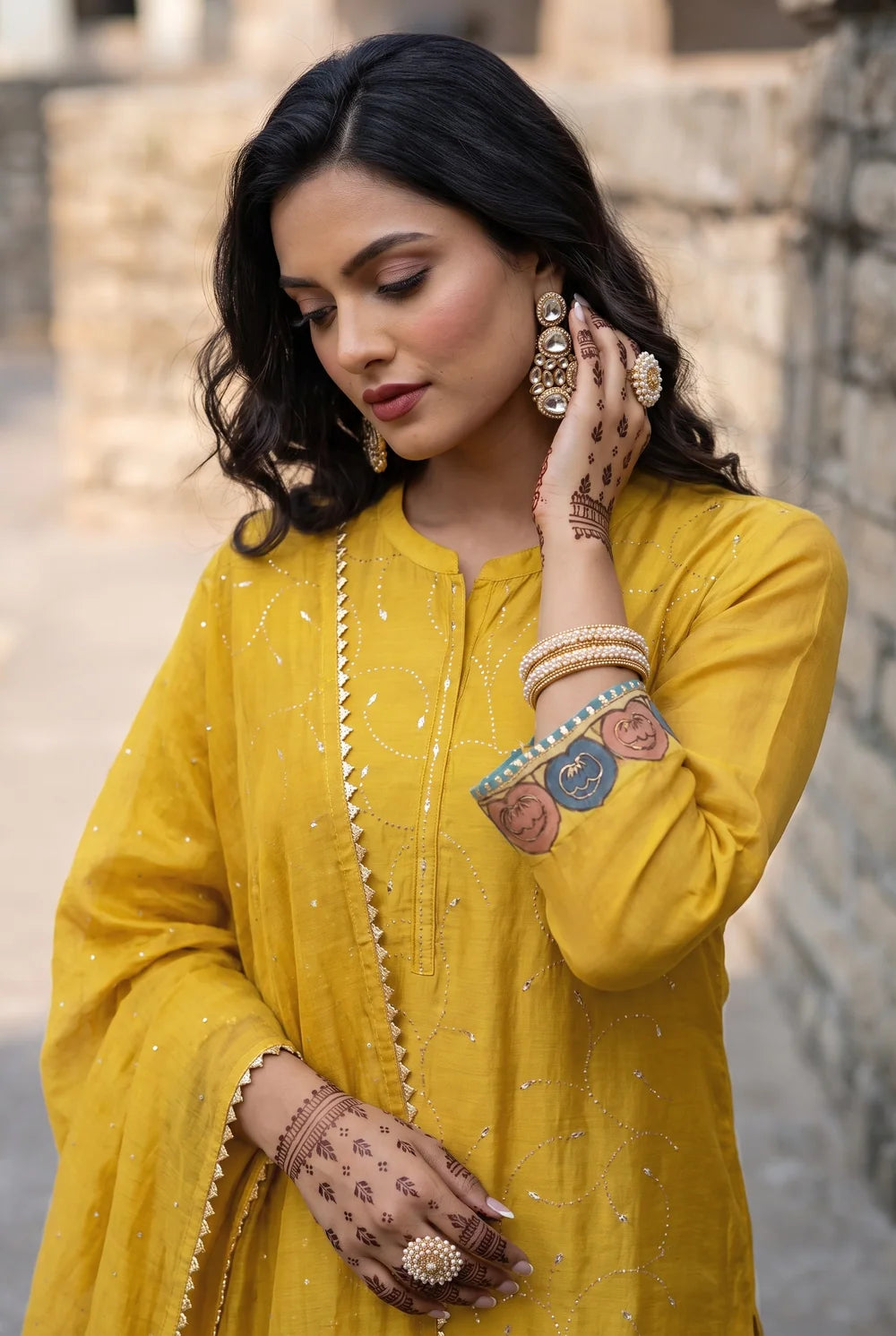 Yaira Mul Chadneri Kurta Set in Maize Yellow