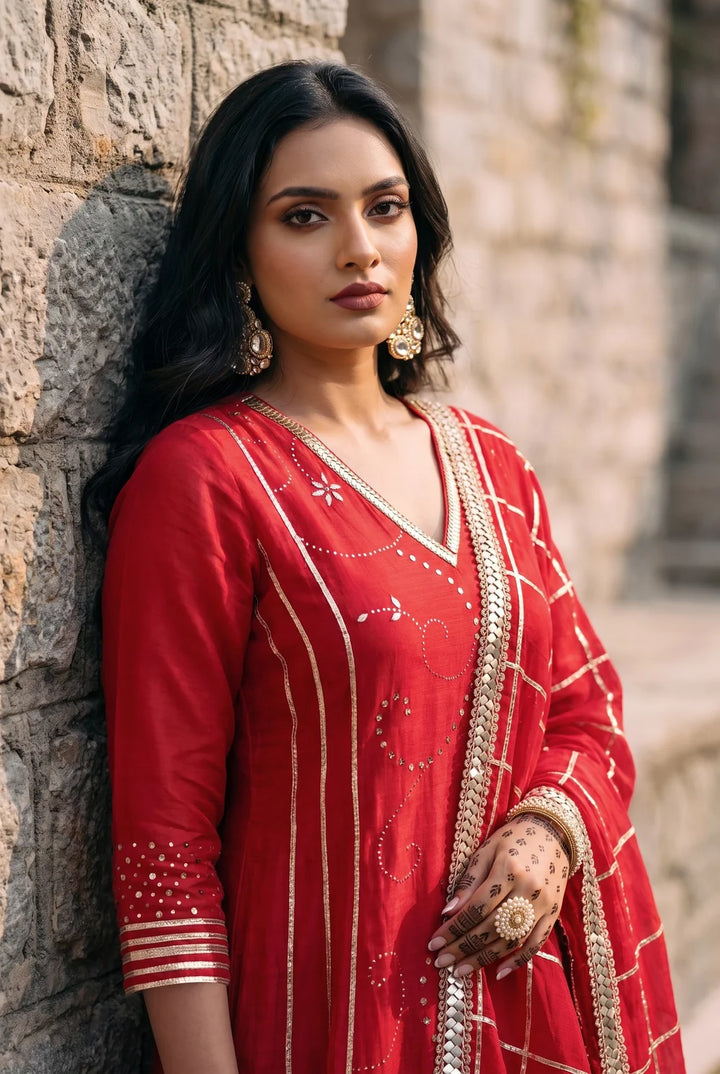 Raha Mul Chanderi Mukaish Anarkali Set in Red
