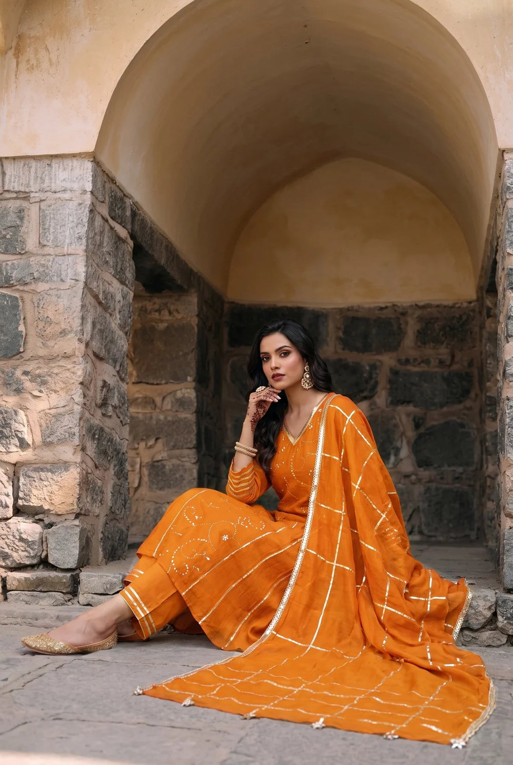 Raha Mul Chanderi Mukaish Anarkali Set in Orange