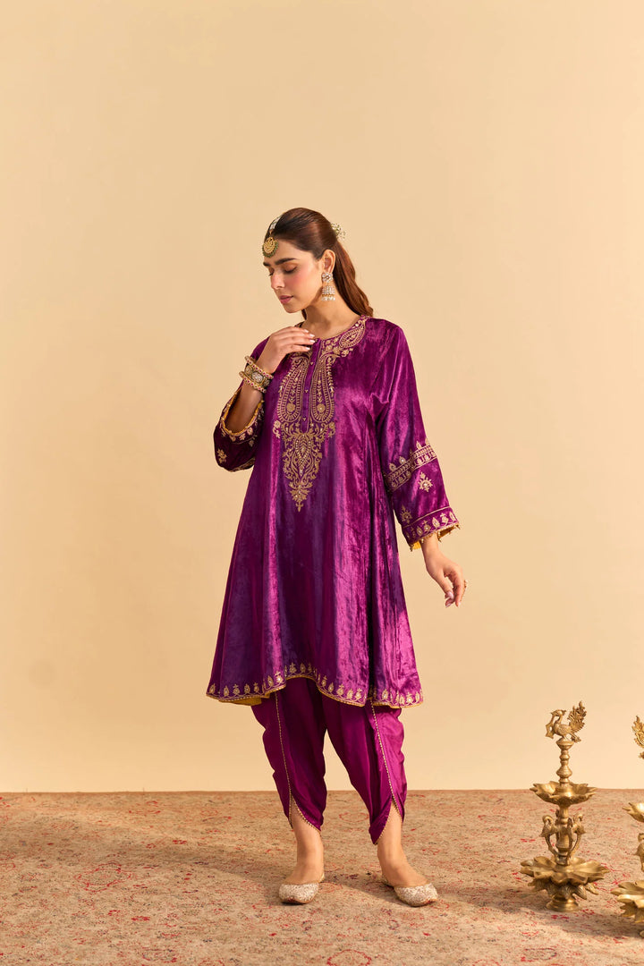 Amal - Velvet Deep Purple A-line Kurta with Dhoti