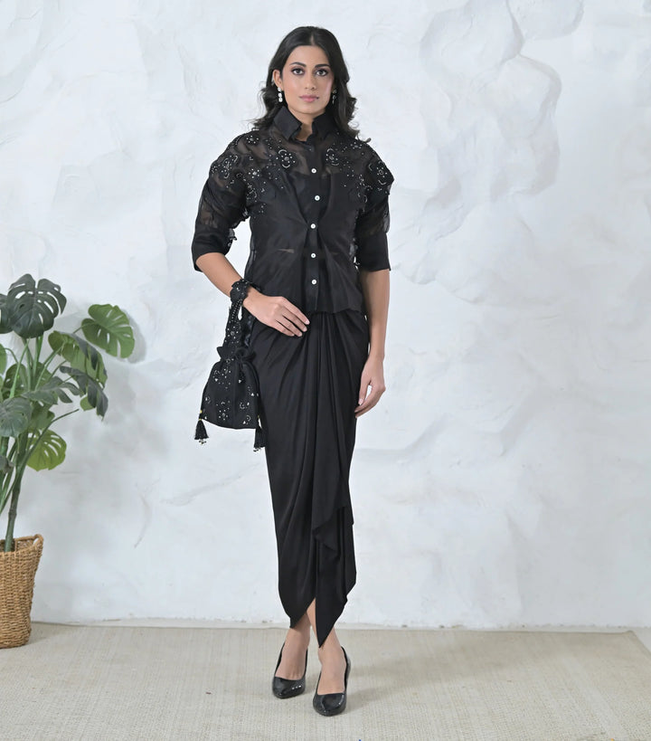 Black Floris Shirt With Pleated Skirt Set