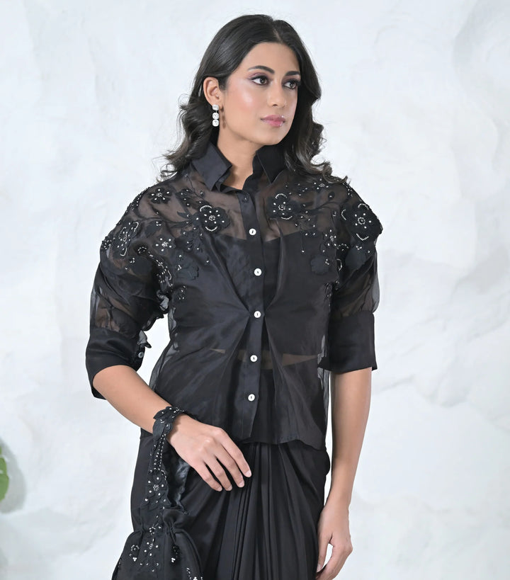 Black Floris Shirt With Pleated Skirt Set