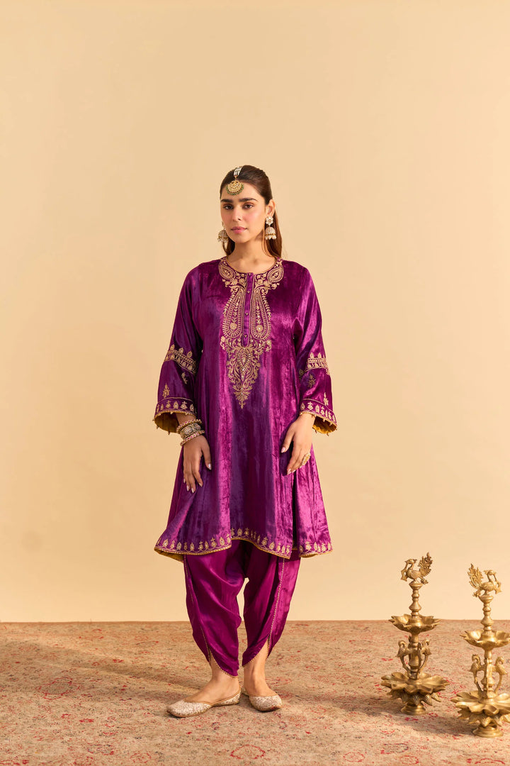 Amal - Velvet Deep Purple A-line Kurta with Dhoti