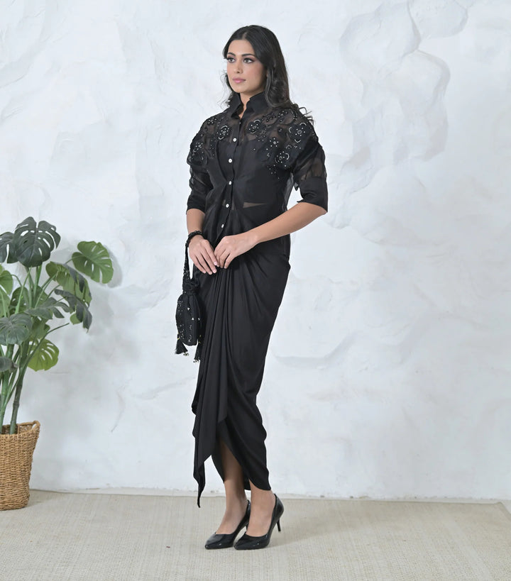 Black Floris Shirt With Pleated Skirt Set