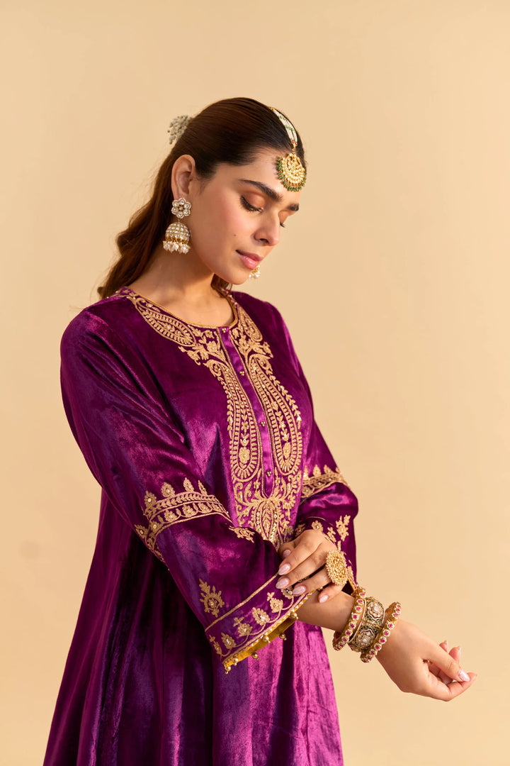 Amal - Velvet Deep Purple A-line Kurta with Dhoti