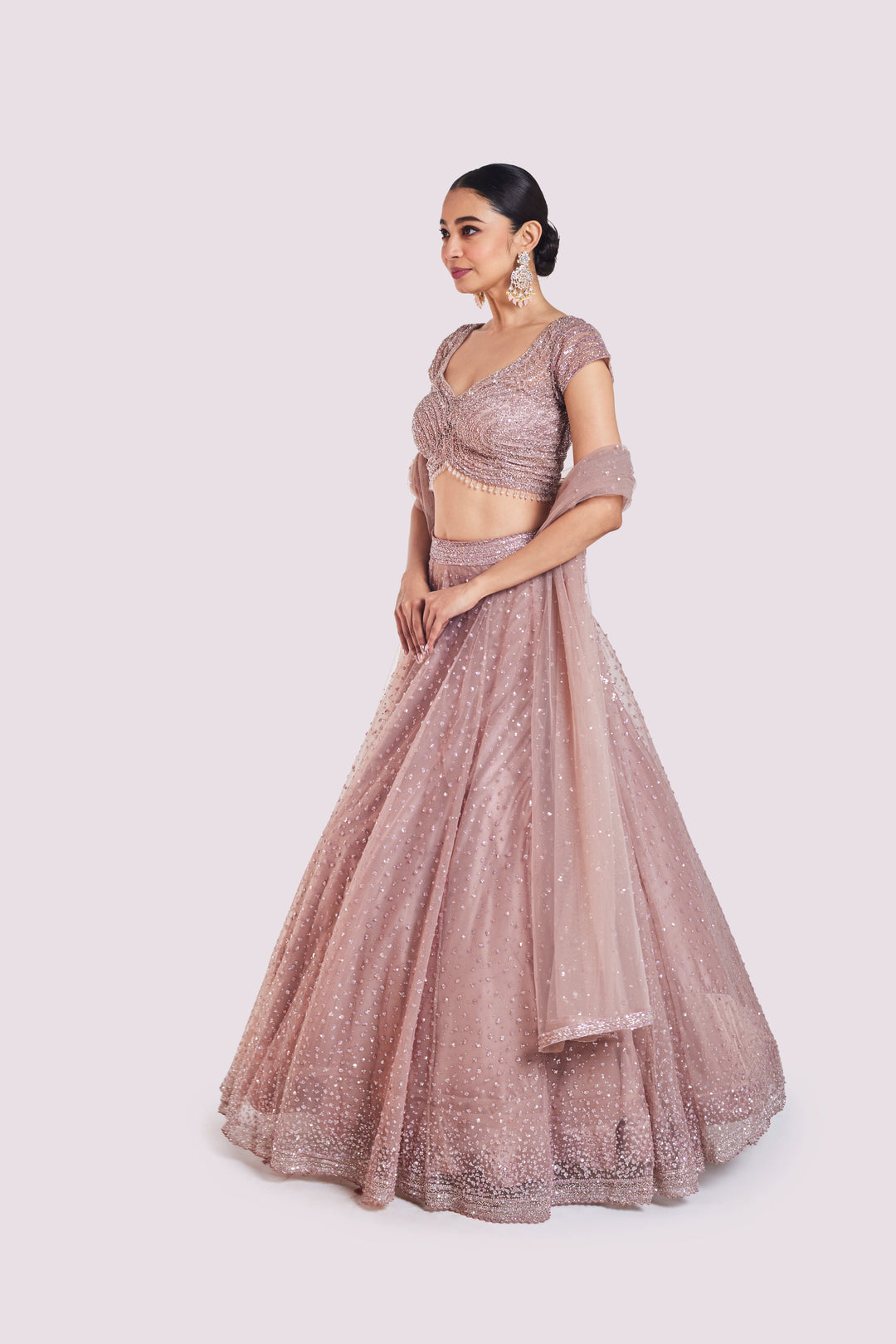 Dark Oyster Net Lehenga