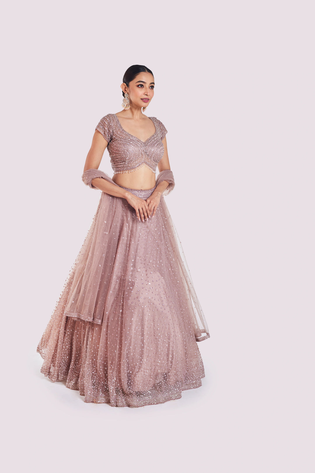 Dark Oyster Net Lehenga