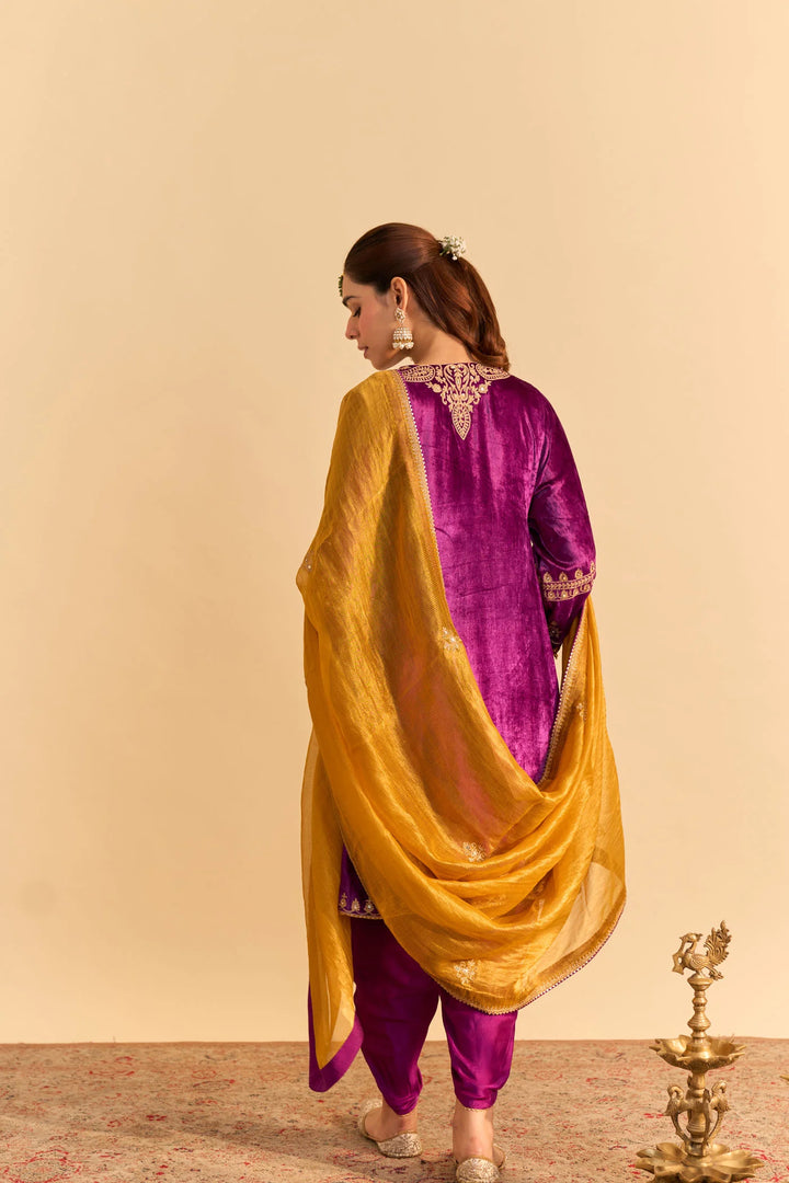 Amal - Velvet Deep Purple A-line Kurta with Dhoti