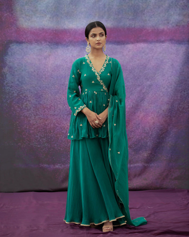 green jaal and phool hand embroidered short angrakha set