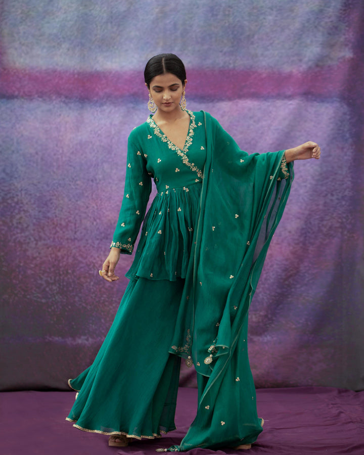 green jaal and phool hand embroidered short angrakha set