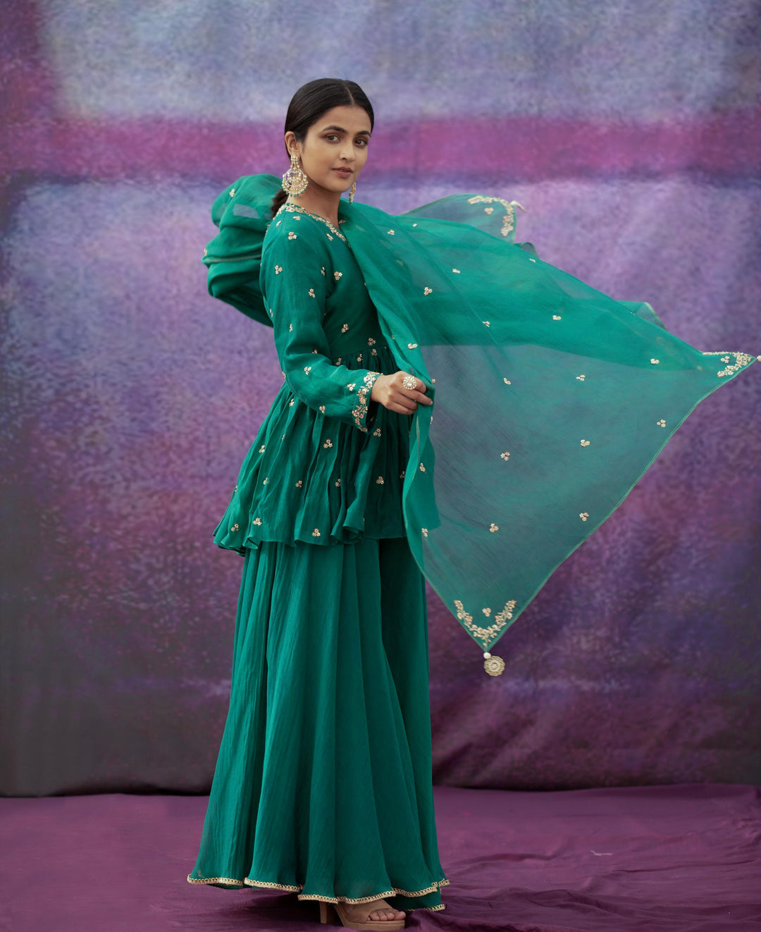 green jaal and phool hand embroidered short angrakha set
