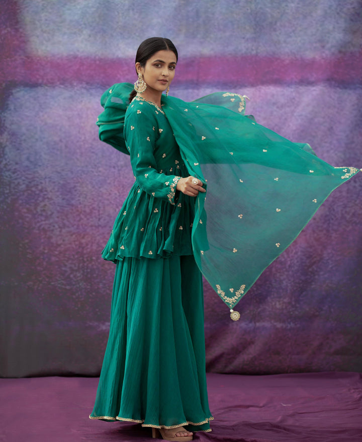 green jaal and phool hand embroidered short angrakha set