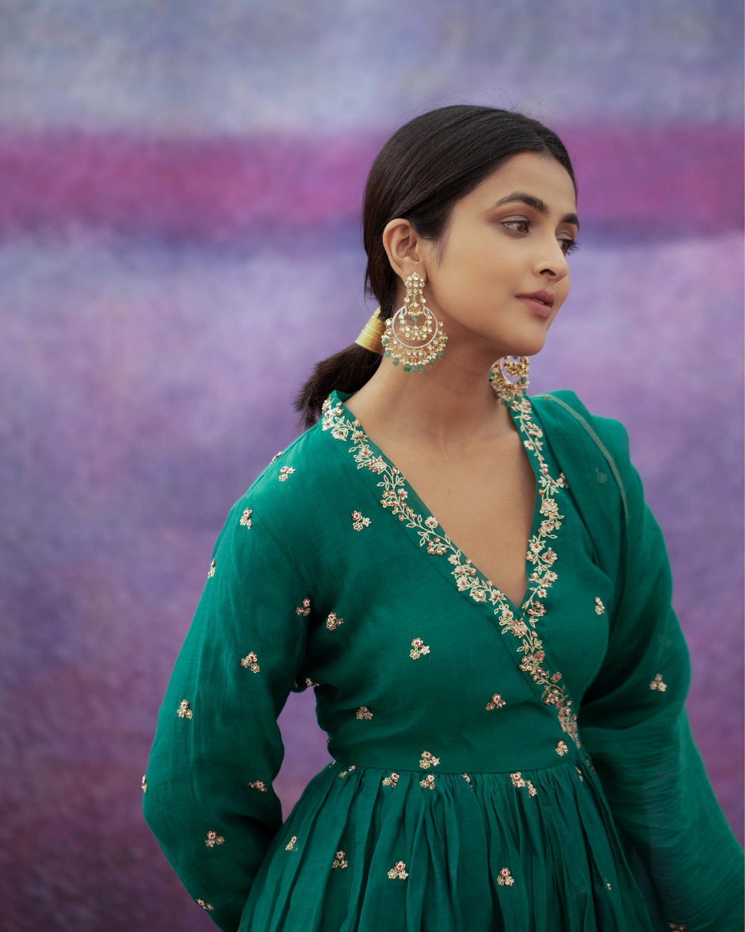 green jaal and phool hand embroidered short angrakha set