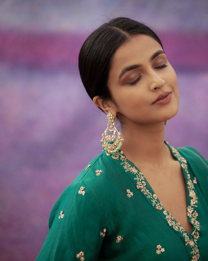 green jaal and phool hand embroidered short angrakha set