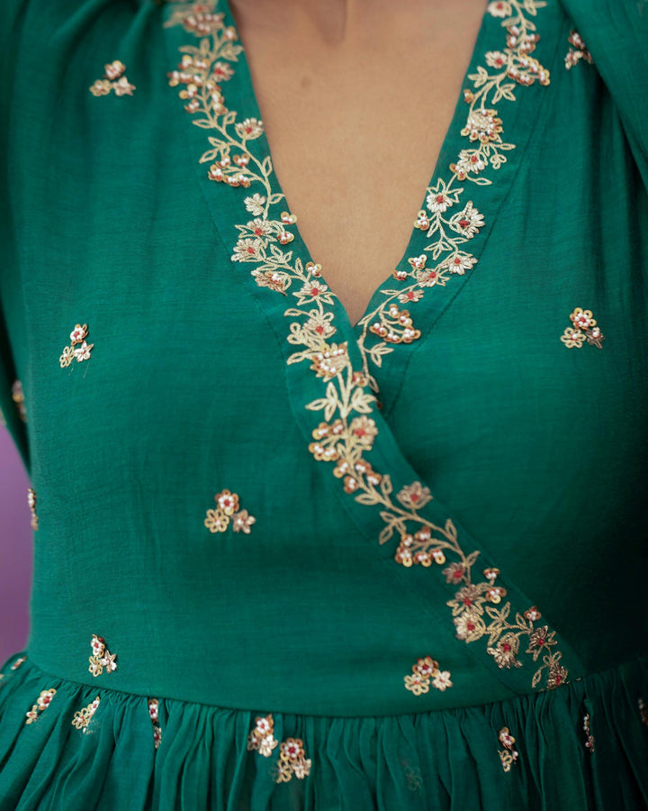 green jaal and phool hand embroidered short angrakha set