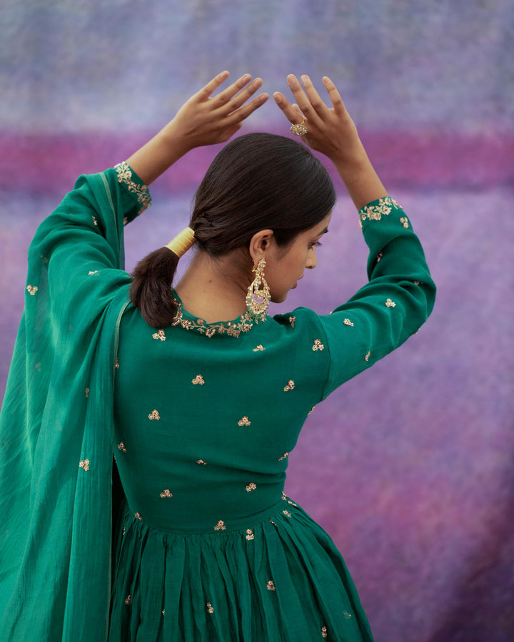 green jaal and phool hand embroidered short angrakha set