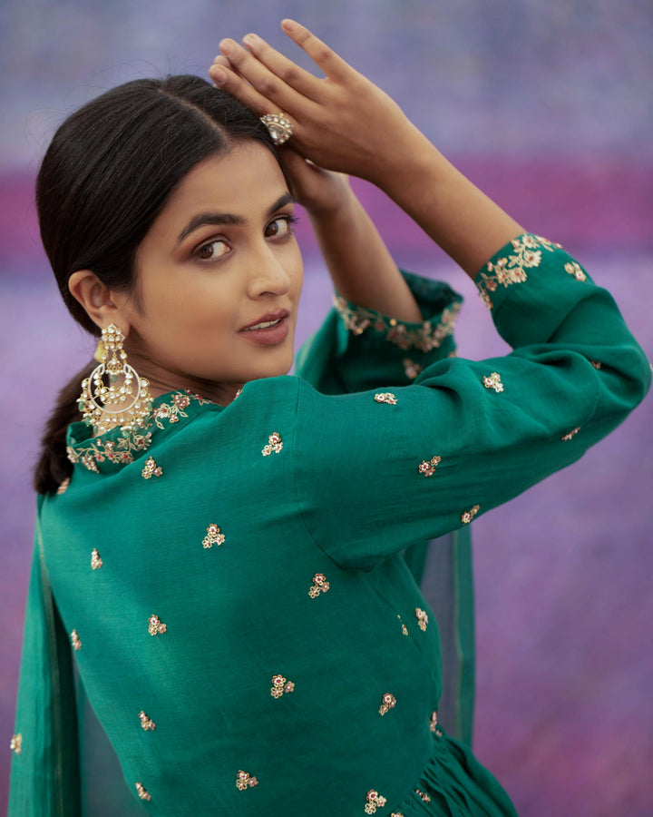 green jaal and phool hand embroidered short angrakha set
