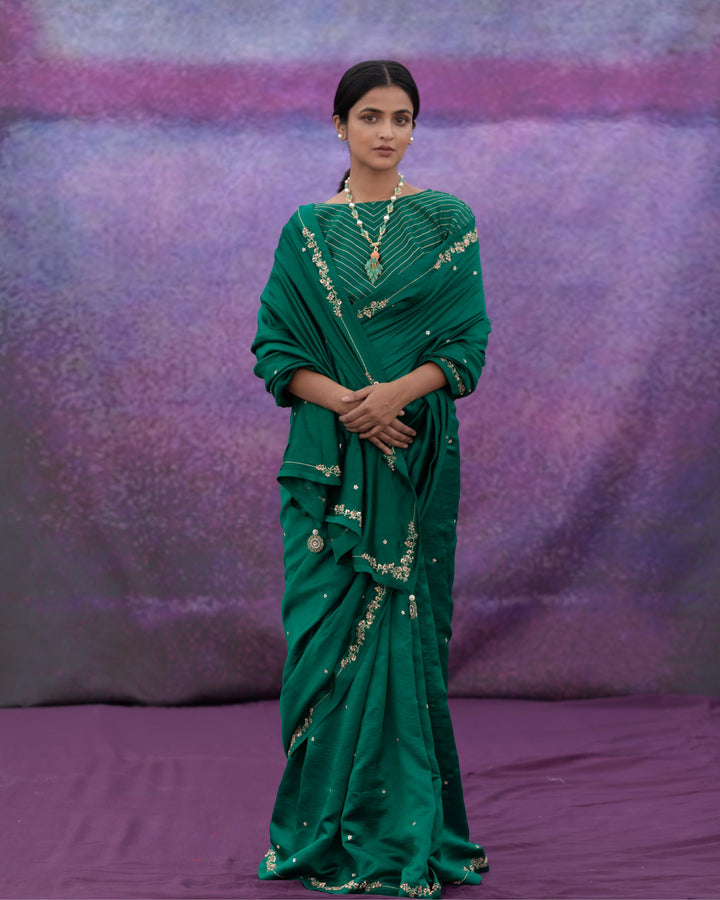 green signature style border hand embroidered Saree With blouse