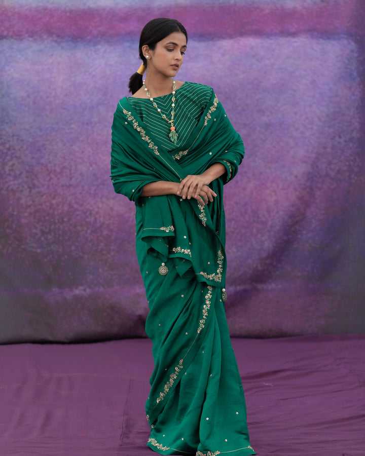 green signature style border hand embroidered Saree With blouse