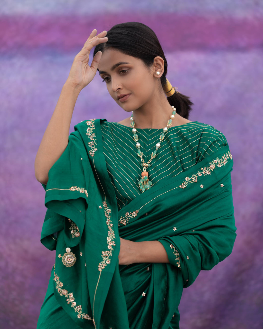 green signature style border hand embroidered Saree With blouse