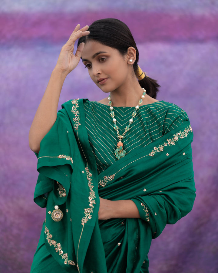 green signature style border hand embroidered Saree With blouse