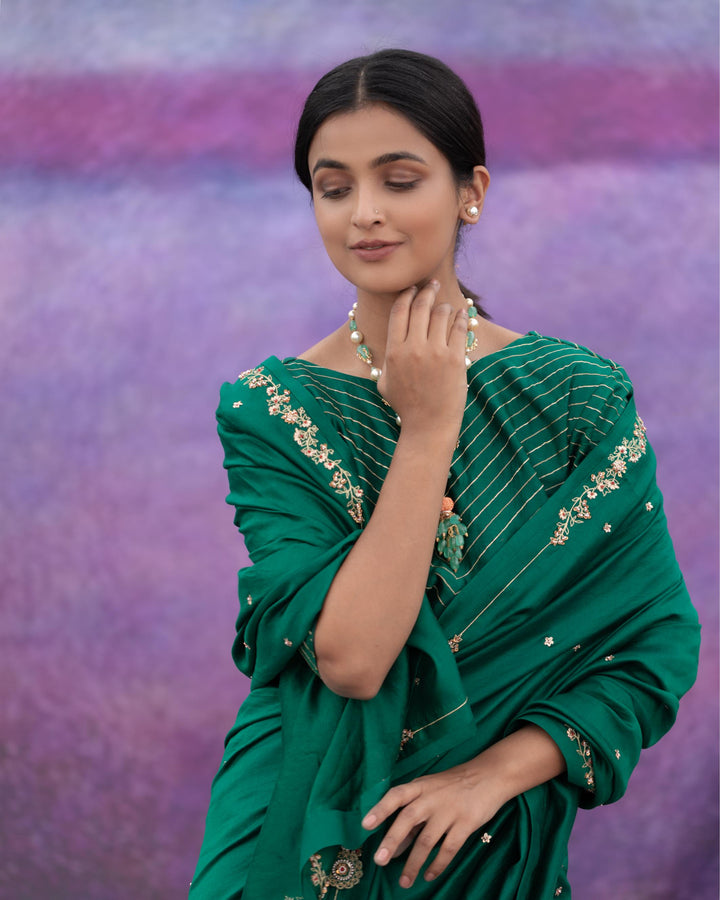 green signature style border hand embroidered Saree With blouse