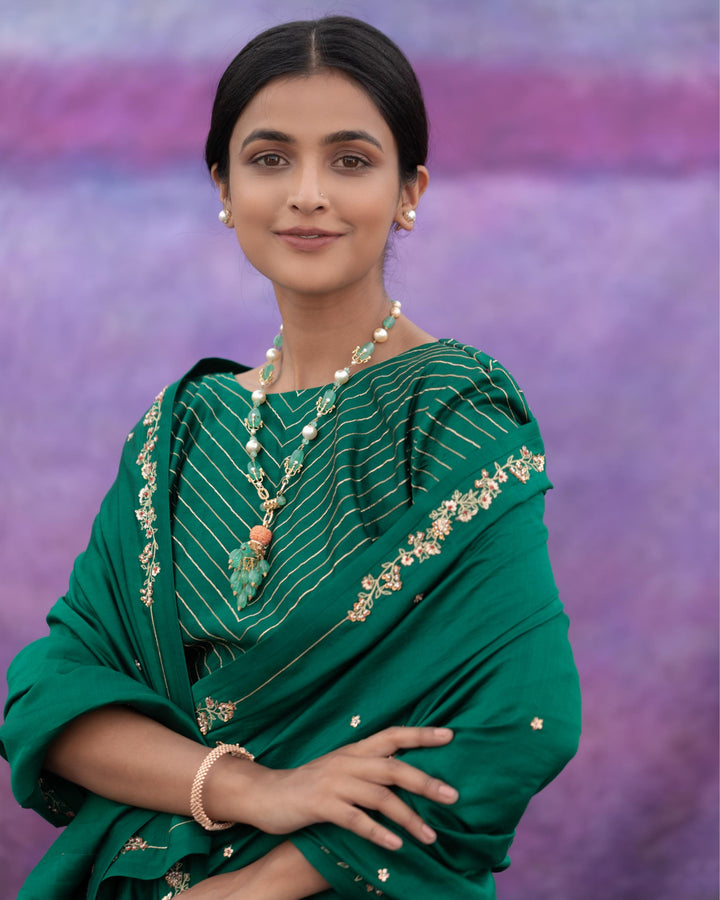 green signature style border hand embroidered Saree With blouse