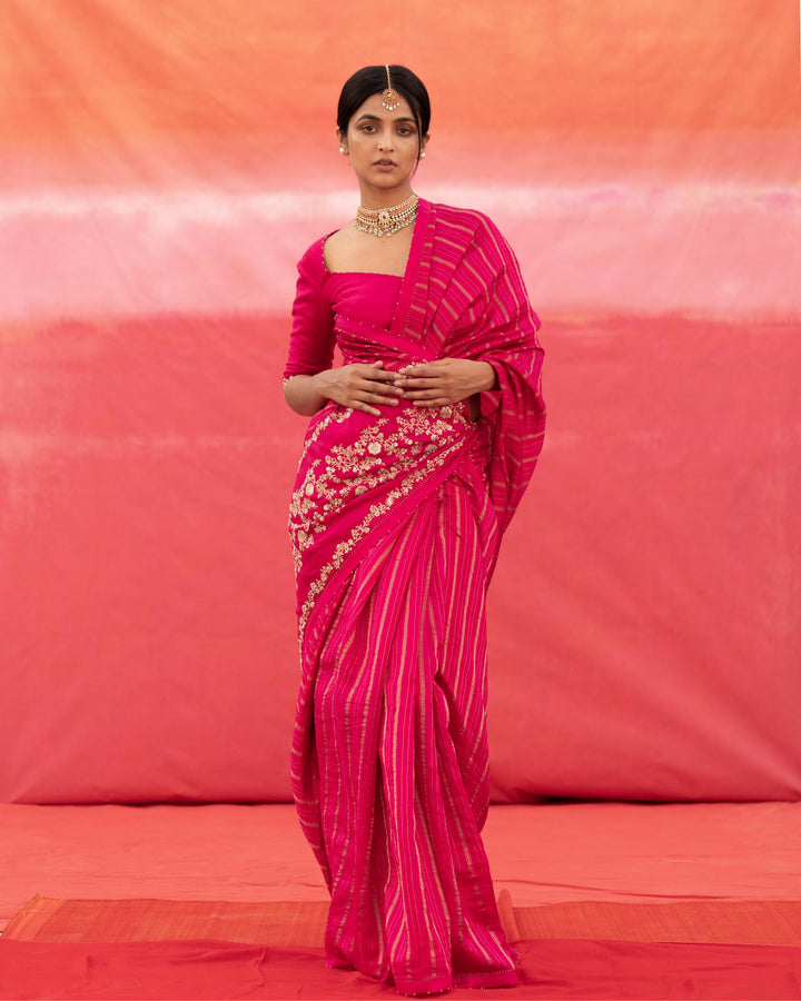 pink strip silk saree with blouse