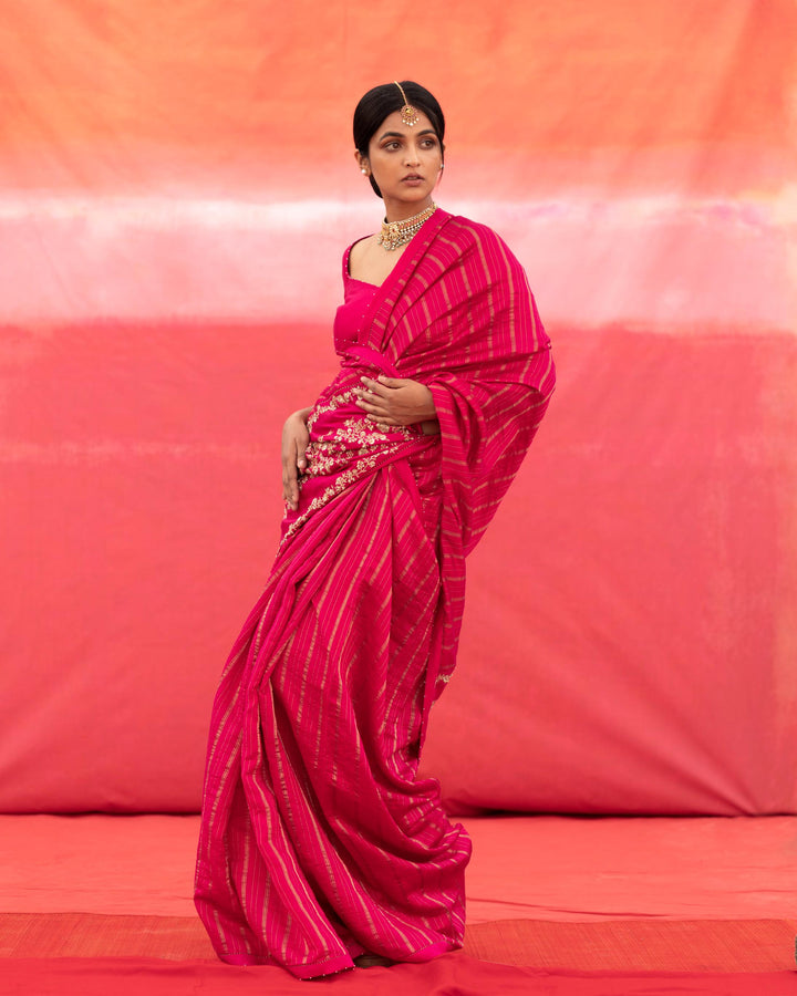 pink strip silk saree with blouse