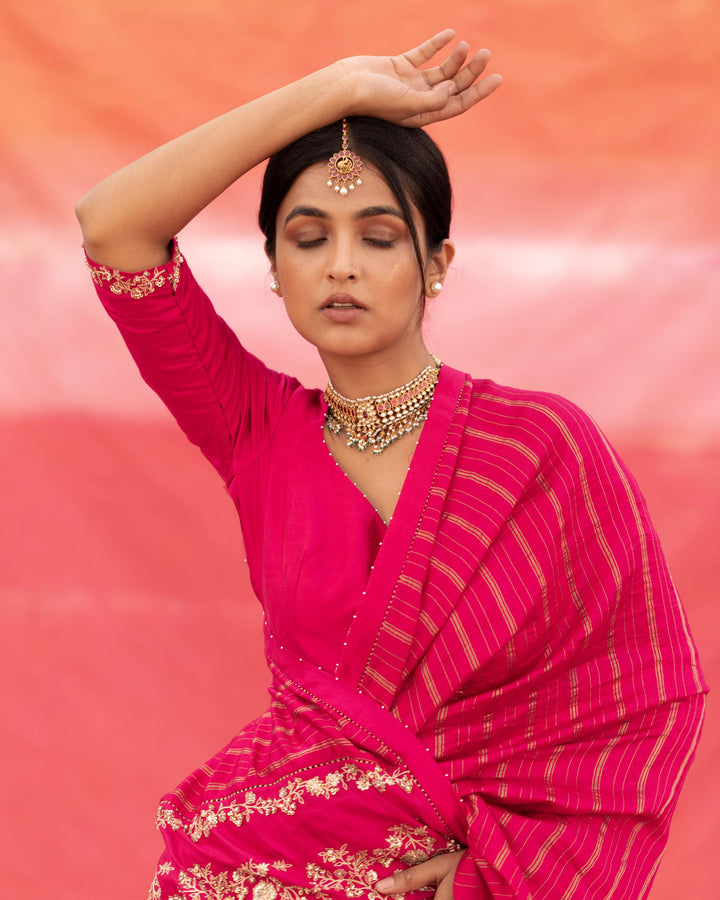 pink strip silk saree with blouse