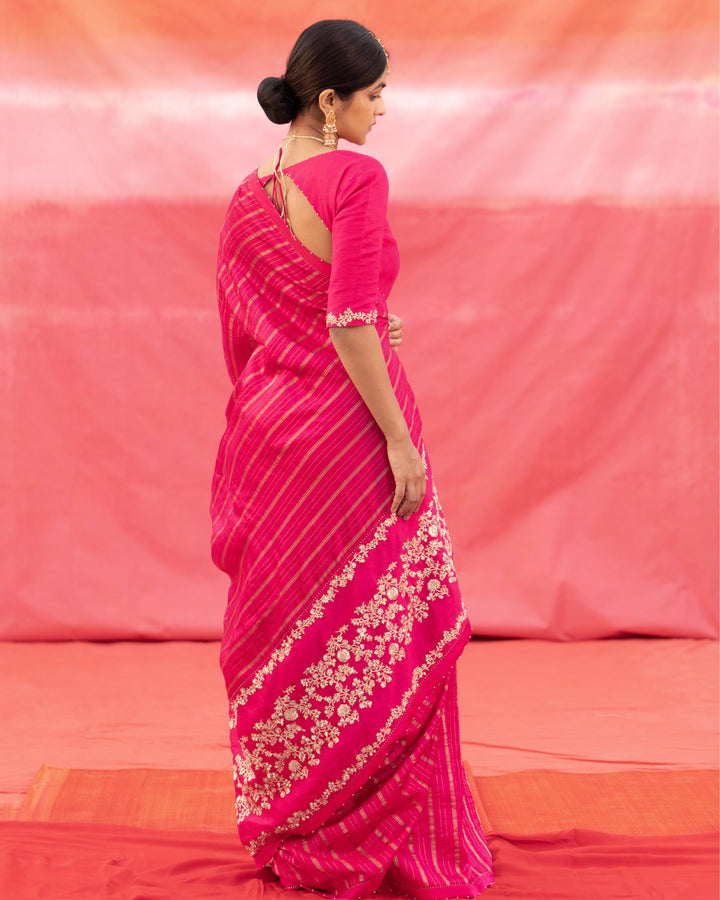 pink strip silk saree with blouse