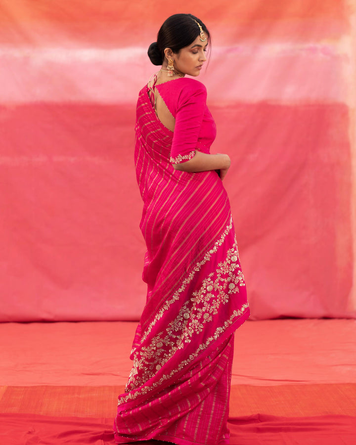 pink strip silk saree with blouse