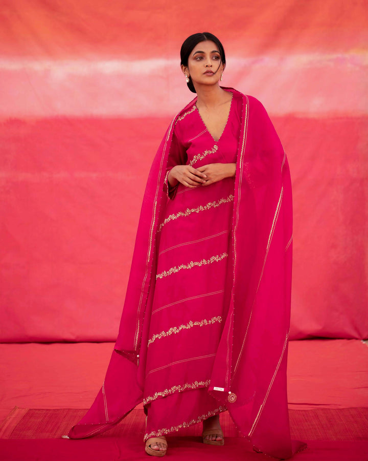 pink diagonally embroidered jaal cross over kurta set