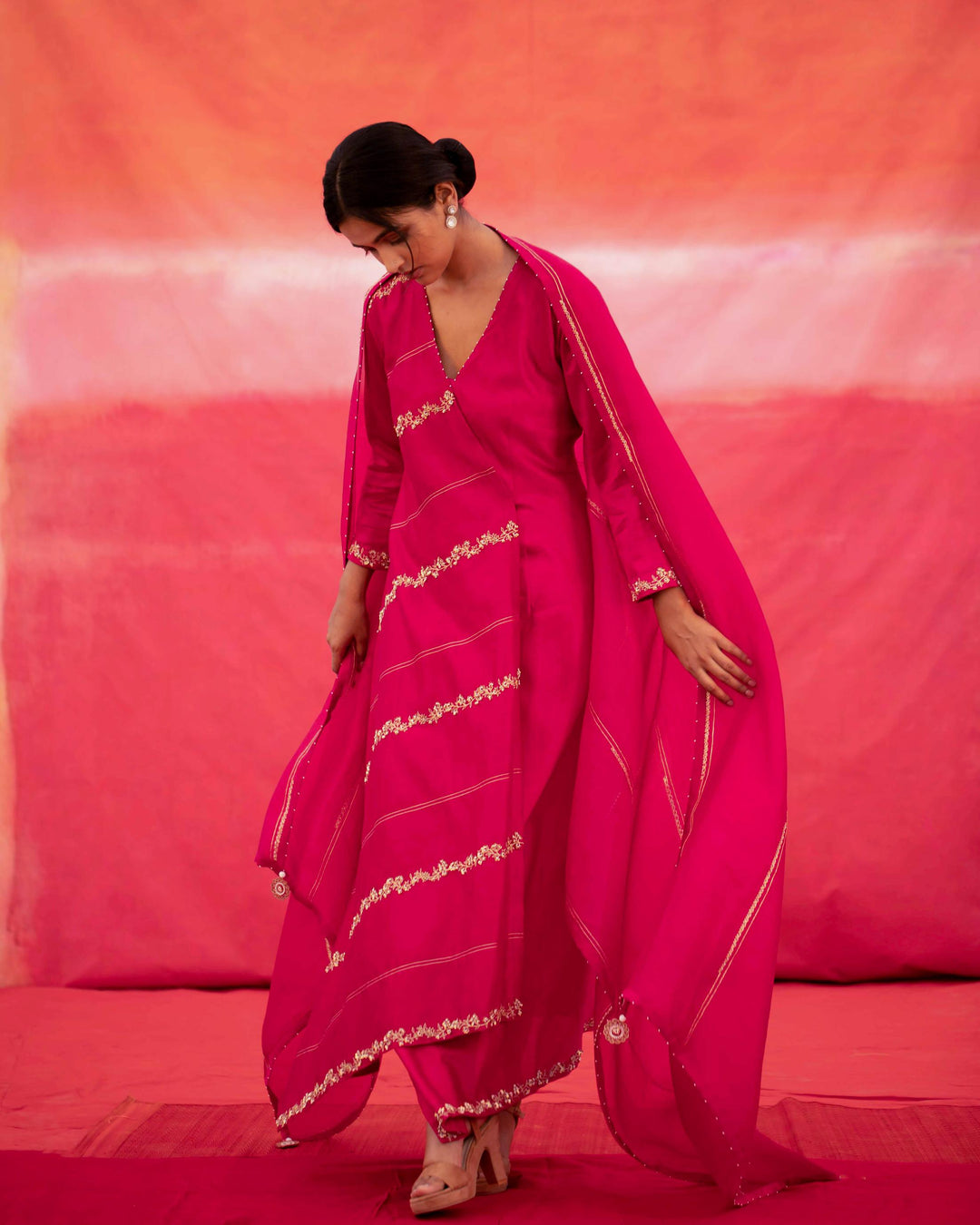 pink diagonally embroidered jaal cross over kurta set