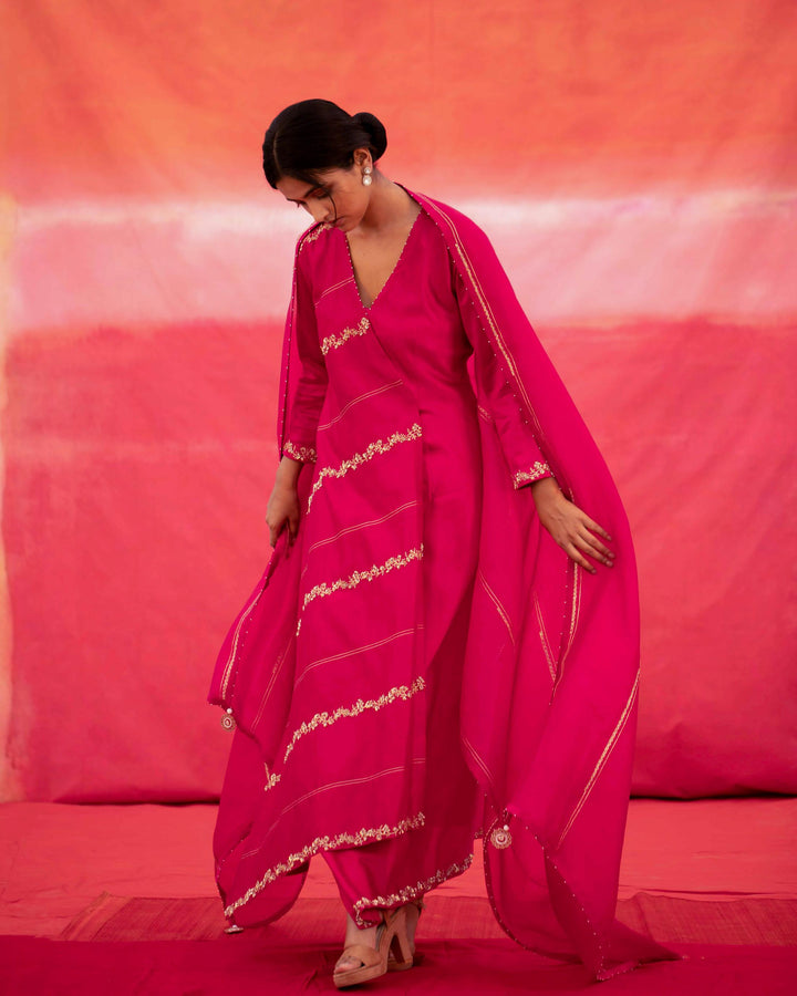 pink diagonally embroidered jaal cross over kurta set