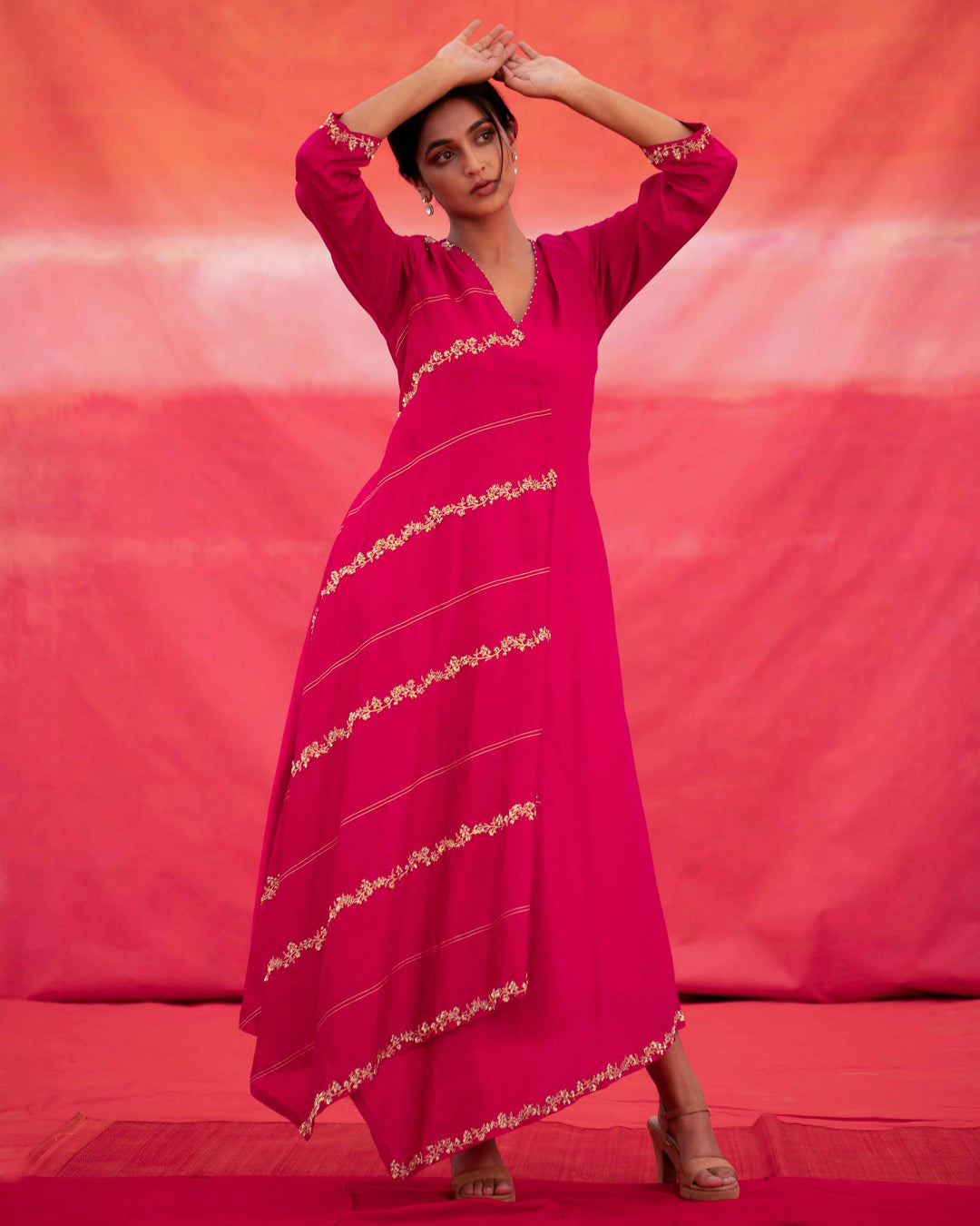 pink diagonally embroidered jaal cross over kurta set