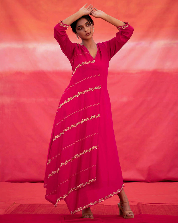 pink diagonally embroidered jaal cross over kurta set