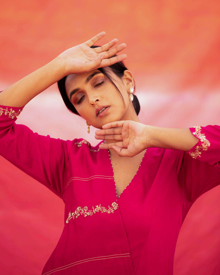 pink diagonally embroidered jaal cross over kurta set