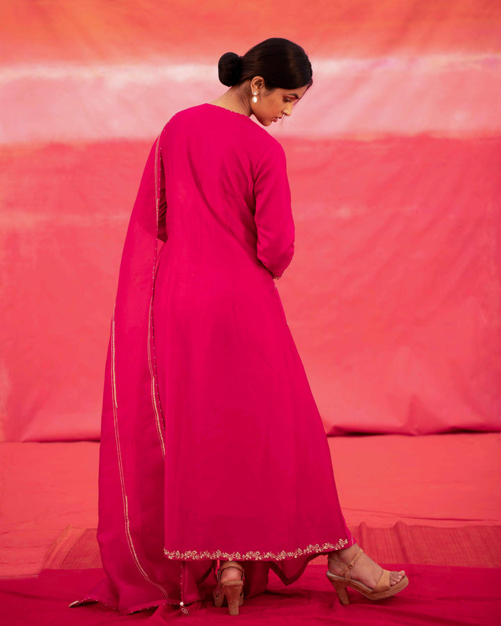 pink diagonally embroidered jaal cross over kurta set
