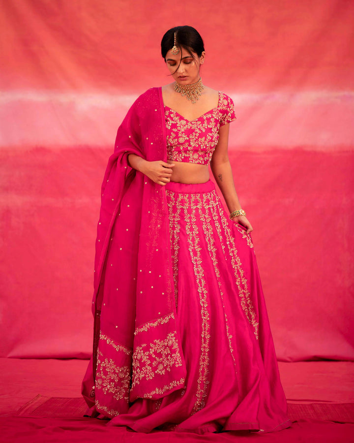 pink hand embroidered kalli lehenga set